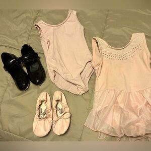 Little girls dance bundle. Tap Shoes size 10. Ballet Shoes size 11.Tops size 4/5